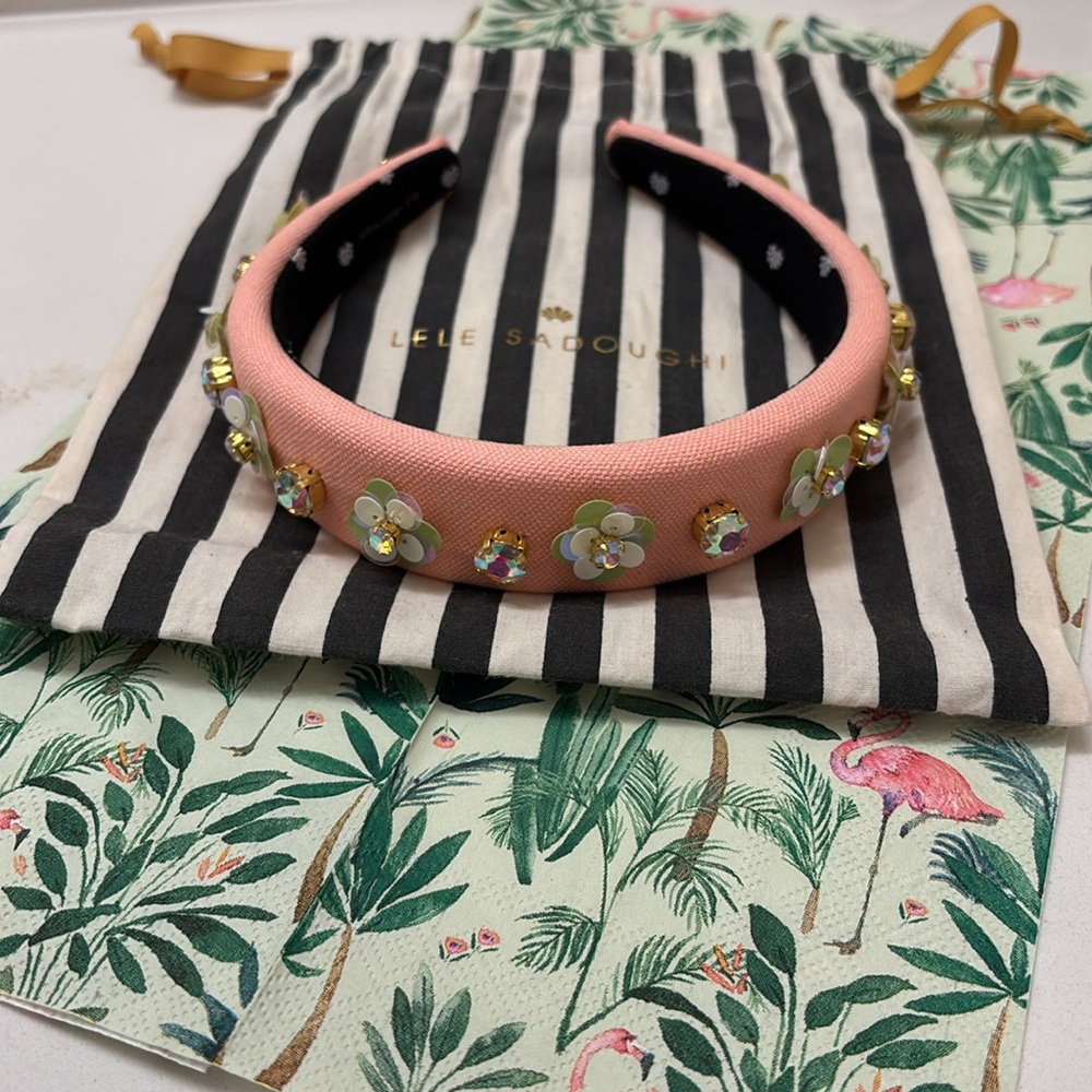 Lele Sadoughi Peach Floral Embellished Alice Headband - Picture 8 of 11